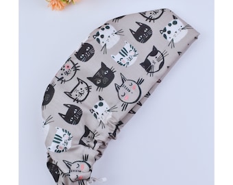 Katze in Peeling-Kappe, Option mit Satinfutter, Katzen-Peeling-Kappe, niedliche Katzen-Peeling-Kappe, chirurgischer Hut im Euro-Stil für Frauen mit verstellbarem Knebelverschluss