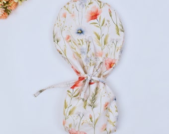 Blossom Lane Ponytail scrub cap, Satin Lined Option Surgical cap with ponytail. Scrub Caps For Women, Surgical Cap, Scrub caps in 3 Styles.