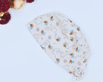 Bee Ponytail scrub caps for women. Satin Lined Option Surgical cap, Bee Track flower Euro scrub caps for women. Evil eye Bouffant scrub cap.