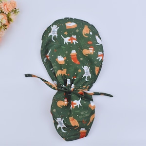 Funny Cat Christmas Ponytail scrub cap, Surgical cap with ponytail, Satin Lined Option. Scrub caps for women, surgical hat, Euro scrub caps.