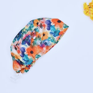 Pastel Floral Euro scrub caps for women, floral Surgical hat. Satin Lined Option Surgical cap, tie dye Floral Ponytail scrub cap,