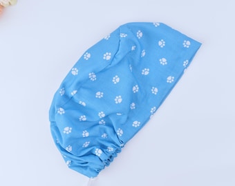 Dog Paw ponytail scrub cap, Blue Scrub cap with ponytail holder. Pet Paw Euro style scrub cap, Satin Lined Option,3 STYLE scrub cap