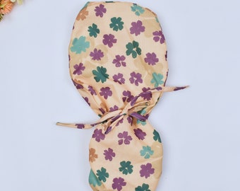 Floral ponytail scrub cap, Summer scrub cap with ponytail holder. Satin Lined scrub cap. Scrub cap in 3 Styles.