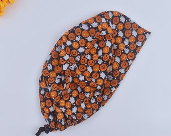 Halloween Euro Scrub Cap, Halloween ponytail scrub cap, Fall Surgical cap women. Surgical cap with ponytail, Satin lined scrub cap.