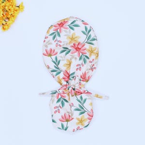 Pastel Floral Leaves Ponytail scrub cap for women, Surgical cap Satin Lined Option, Floral leaves Euro scrub caps for women. surgical hat.