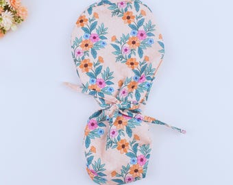 Pink Floral Ponytail scrub cap, Scrub cap with ponytail holder, Surgical cap with ponytail, Scrub caps for women, Satin Lined, 3 STYLE cap.