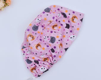 女性用猫柄ユーロスクラブキャップ、猫のポニーテールスクラブキャップ、面白い猫柄ユーロスクラブキャップ、猫柄手術用キャップ、サテン裏地付きスクラブキャップ。