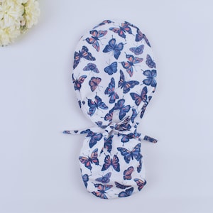 Butterfly Scrub Cap, Ponytail Scrub Cap With Buttons, Scrub Cap for Women, Long Hair Cap, Gift for doc, nurse, Satin Lined scrub cap.