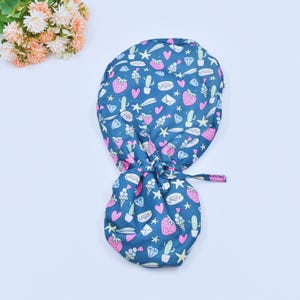 Valentine&#39;s Day Ponytail scrub cap, Euro scrub cap, Strawberry with heart ponytail scrub cap for women, Surgical cap, veterinarian gift.
