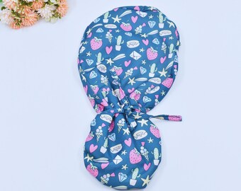 Valentine's Ponytail scrub cap, Euro scrub cap, Strawberry with heart ponytail scrub cap for women, Surgical scrub cap, veterinarian gift.