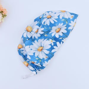 Floral Euro Scrub Cap for Women, Surgical cap Satin Lined Option. Blue Ponytail Scrub cap,  Satin Lined scrub cap.