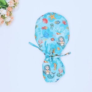 Mermaid Ponytail scrub caps for women, floral Surgical hat. Satin Lined Option Surgical cap, mermaid Sea Euro scrub caps for women.