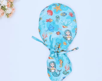 Mermaid Ponytail scrub caps for women, floral Surgical hat. Satin Lined Option Surgical cap, mermaid Sea Euro scrub caps for women.