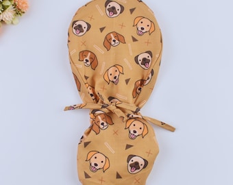 Golden Retriever Scrub Hat-Dog face Scrub Cap-Ponytail Scrub Hat-Nurse Cap-Nursing Hat-Women's Scrub Hat-Women's Scrub Cap- Add Satin Lining