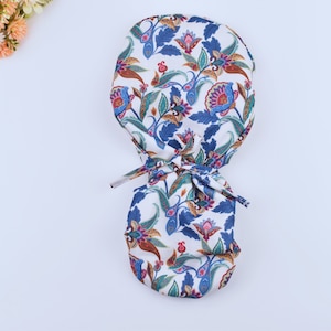 Ethnic Persian Floral ponytail scrub cap, summer scrub cap, Satin Lined scrub cap. Surgical cap with ponytail, Scrub caps for women.