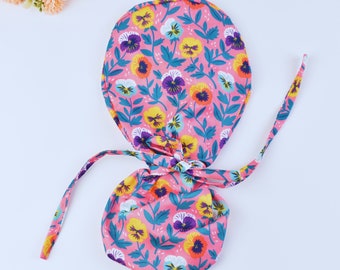 Floral ponytail scrub cap, Summer scrub cap with ponytail holder. Satin Lined Option Scrub Cap, scrub cap in 3 STYLES
