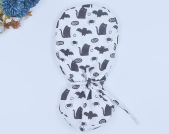 Boo Ponytail scrub cap, Halloween Euro scrub cap, Spooky ghost surgical cap, ponytail Halloween scrub cap, scrub hat, Cat Ponytail scrub cap