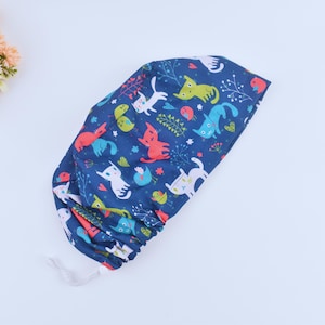 Cats on Blue Euro scrub cap, Scrub cap for women. Surgical Scrub Cap, Satin Lined Option, Euro scrub cap, Cat with floral Ponytail scrub cap