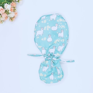 Llamas Ponytail scrub cap for women, Surgical cap for women. Surgical cap with ponytail. Satin Lined scrub cap. Llamas Euro scrub Cap.