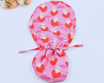 Cat pferdeschwanz Damen Putzwolle. Satingefütterte OP-Haube zum Valentinstag. Chirurgische Haube mit Pferdeschwanz, Valentinstag-Peeling-Hut für Frauen