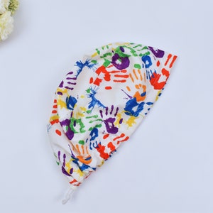 Handprint Euro Scrub Cap for Women, Surgical cap Satin Lined Option, Satin lined scrub cap. Scrub cap in 3 Styles.