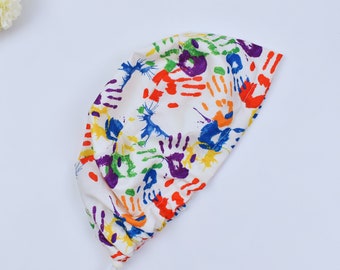 Handprint Euro Scrub Cap for Women, Surgical cap Satin Lined Option, Satin lined scrub cap. Scrub cap in 3 Styles.