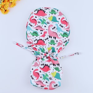 Dinosaurs ponytail scrub cap, Satin Lined scrub cap. Surgical cap women. Surgical cap with ponytail, Scrub caps for women.