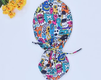 Halloween Euro Scrub Cap for Women, Spooky Euro scrub cap, Spooky Halloween Ponytail Scrub Cap for women, Surgical cap, Horror scrub caps