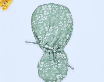 Green Floral Ponytail scrub cap, Surgical cap women. Satin Lined Option Surgical cap, Green Floral Euro scrub cap, Scrub caps for women.