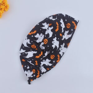 Halloween Euro Scrub Cap for Women, Ghost Euro scrub cap, Surgical cap Satin Lined Option, autumn scrub cap, Satin lined scrub cap.