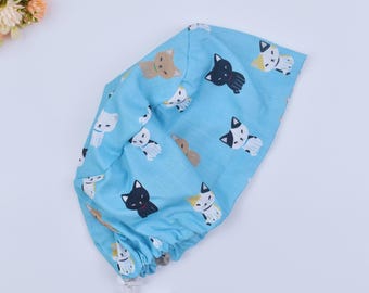 Gorro quirúrgico europeo con estampado de gatos para mujer, gorros quirúrgicos con estampado de gatos y coleta, gorro quirúrgico europeo con estampado divertido de gatos, gorro quirúrgico con estampado de gatos, gorro quirúrgico forrado de satén.