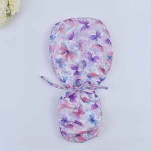 Watercolor Butterflies Euro Scrub Cap for Women, Ponytail scrub cap, Surgical cap Satin Lined Option, Satin Lined cap. scrub cap in 3 STYLES