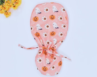 Euro-scrubmuts voor vrouwen, Halloween Boo Ghosts on Pink Horsestaart scrubmuts voor vrouwen, Spooky Fall chirurgische hoed met satijn gevoerde optie