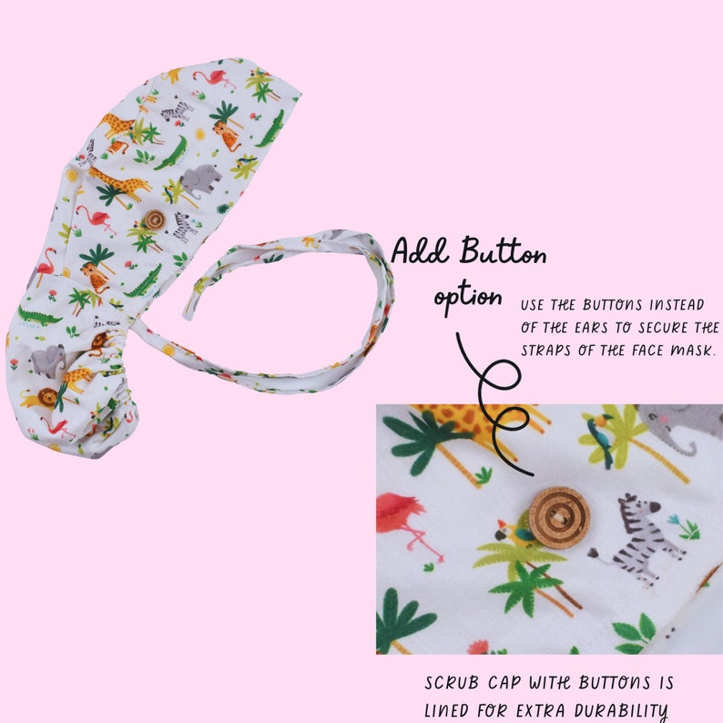 May include: White scrub cap with a jungle animal print featuring a flamingo, zebra, giraffe, and elephant. The cap has a button closure option for securing face mask straps.