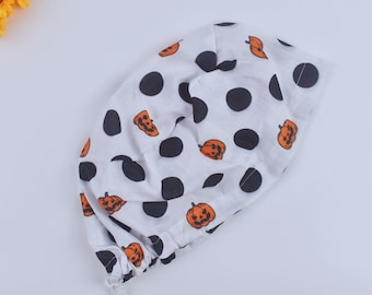 Halloween Euro Scrub Cap, Halloween ponytail scrub cap, Fall Surgical cap women, Pumpkin Euro scrub cap, Satin lined scrub cap