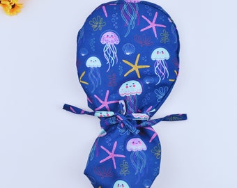 Ocean Blue jellyfish, starfish Ponytail scrub cap, Surgical cap women. Satin Lined Option Surgical cap with ponytail. Sea Beauty scrub caps