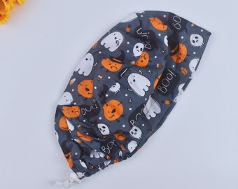 Halloween Boo Euro Scrub Cap for Women, Ghost Euro scrub cap, Surgical cap Satin Lined Option, autumn scrub cap, Satin lined scrub cap.