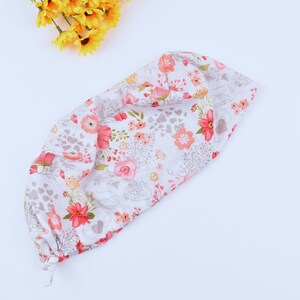 Floral ponytail scrub cap, Summer scrub cap with ponytail holder, Euro-style scrub cap, Regular scrub caps, Satin Lined Option.