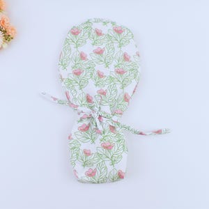 Pink Floral Ponytail scrub cap, Scrub cap with ponytail holder, Surgical cap with ponytail, Scrub caps for women, Satin Lined, 3 STYLE cap.