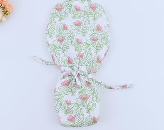 Pink Floral Ponytail scrub cap, Scrub cap with ponytail holder, Surgical cap with ponytail, Scrub caps for women, Satin Lined, 3 STYLE cap.