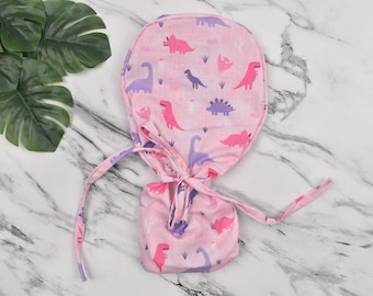 Dinosaurs ponytail scrub cap, Satin Lined scrub cap. Surgical cap women. Surgical cap with ponytail, Scrub caps for women.