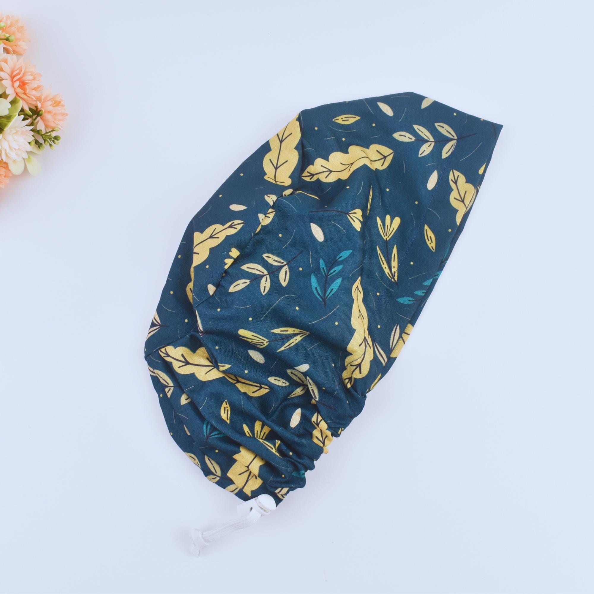 Floral Harvest Ponytail scrub cap, Thanksgiving Surgical Cap, Fall Surgical cap women. Satin Lined Option. Satin Lined scrub cap.