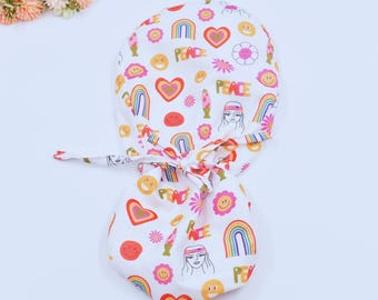 Valentine's Day Ponytail scrub cap, Euro scrub cap-Satin lined, Heart ponytail scrub cap for women, surgical cap, veterinarian gift