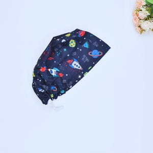 Euro Scrub Cap for Women, Space Alien Surgical cap with Satin Lined Option, Space Ponytail scrub cap. Space Alien Surgical hat for men&#39;s