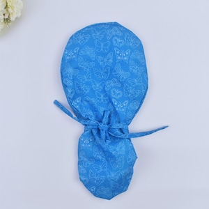 Butterflies on Blue Ponytail Scrub Cap for Long Hair, Blue Purple, Buttons and Satin Lining Option, Euro Pony, Surgical Cap, Night Flight