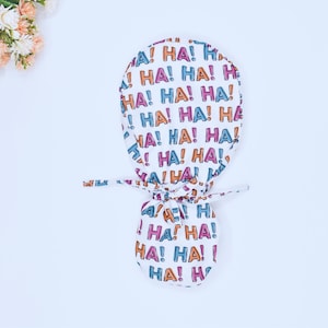HA! HA! Ponytail scrub cap for women, Surgical cap for women. Satin Lined scrub cap. Teddy Bear Doctor Euro scrub Cap. Surgical Scrub hats.