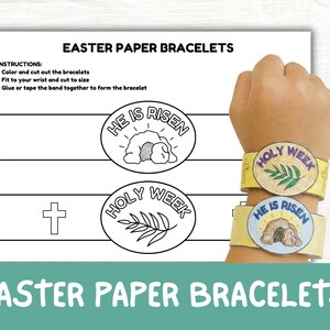Puede incluir: Pulseras de papel con temática de Pascua con las frases "Ha resucitado" y "Semana Santa" impresas. Las pulseras son amarillas y presentan ilustraciones de una tumba y una cruz. La imagen también muestra instrucciones.