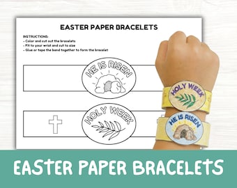 Easter Printable Paper Bracelets Bundle Craft, Kids Sunday School Coloring Activity, Holy Week and He is Risen Coloring Craft for Church