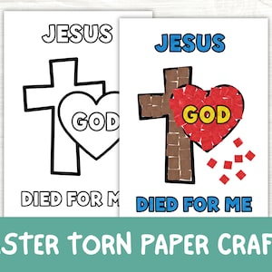Puede incluir: Dos manualidades en papel blanco con las palabras "JESÚS MURIÓ POR MÍ". Una presenta una cruz y un corazón negros con "DIOS" en su interior. La otra tiene una cruz marrón, un corazón rojo con "DIOS" y texto azul.