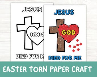 Jesus Died for Me Cross Printable Easter Craft, Kids Sunday School Coloring Torn Paper Activity, Bible Lesson Preschool Church Craft
